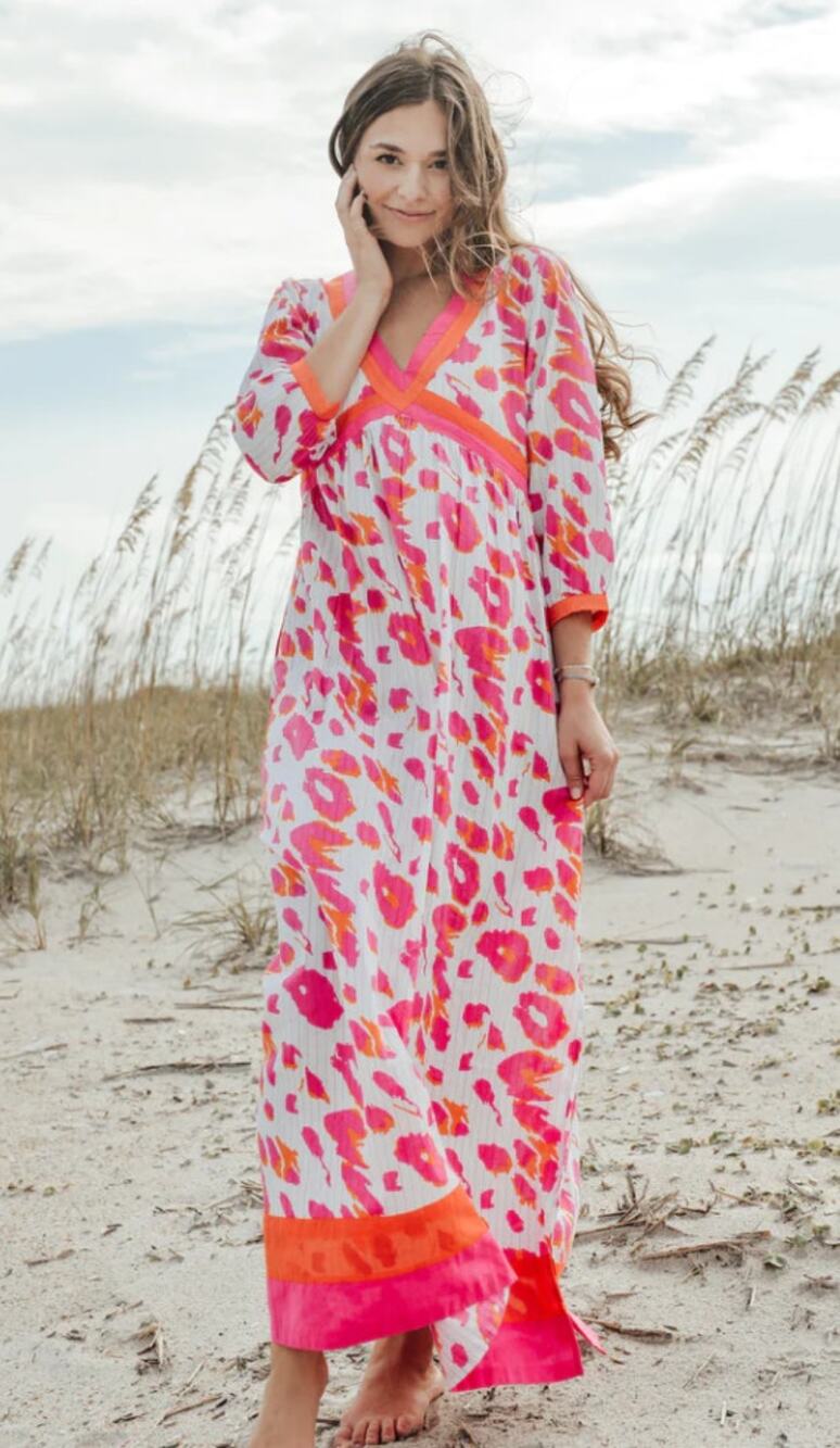 LA PLAGE Sarah Maxi Dress Leopard Pink Orange XS Beachy Boho Resort Summer $320